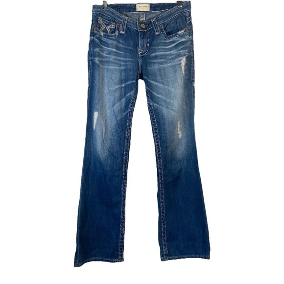 Big Star Jean Women's 28 R Blue Medium Wash Low Rise Boot Cut Jeans Y2k Distress - Picture 1 of 8